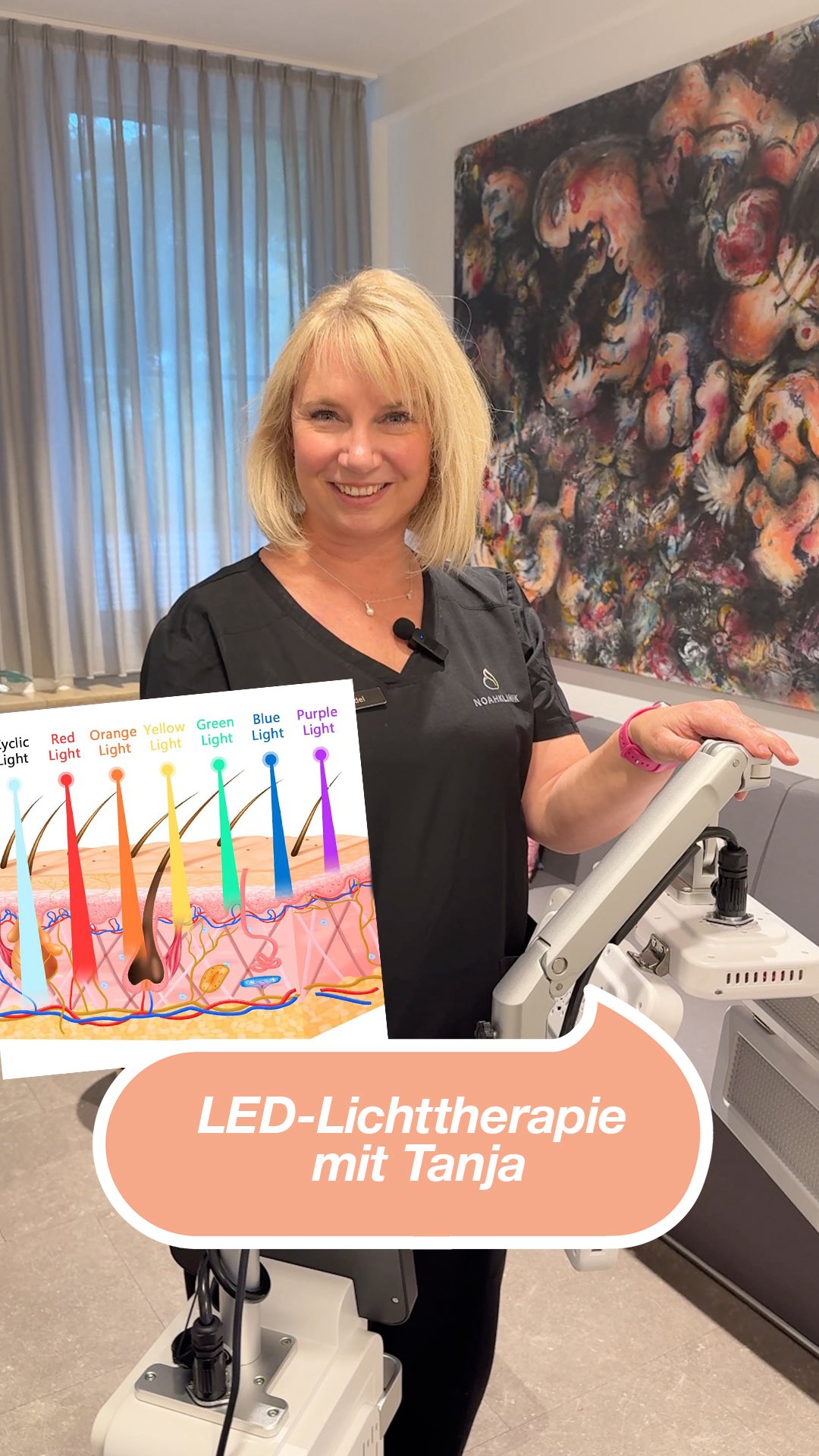 Kennt ihr schon unser LED-Lichttherapie-Gerät? Tanja erklärt euch kurz, wie es funktioniert und und was es mit den Farben auf sich hat. Und jetzt seid ihr dran: Was ist eure Lieblingsfarbe? 🔴🔵🟢🟡👇 Wer hat es bei uns schon mal getestet? #noahklinikkassel #ledlichttherapie