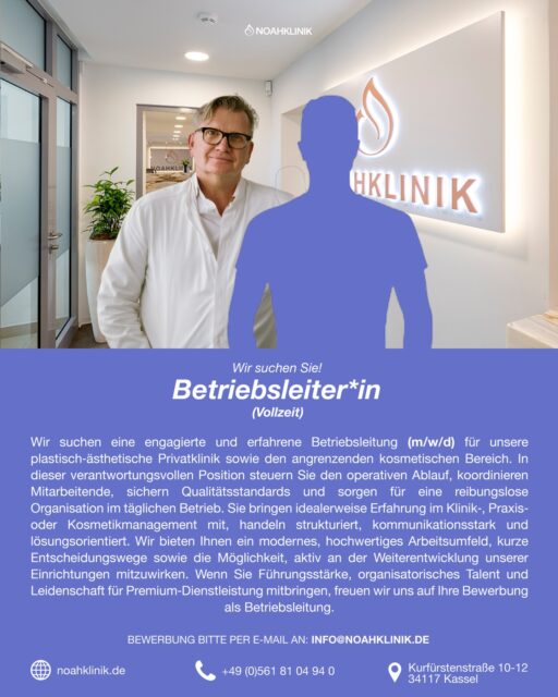 ✨Good news for 2026 - we are hiring!✨The Noah Clinic continues to grow and we are looking to strengthen our team. Perhaps you are just the right person for us.current vacancies:- Operations manager (full-time)- Specialist cosmetician (full-time / part-time)- MFA with anaesthetic experience (full-time)- MFA with operating theatre experience (full-time)- Night duty (part-time)Would you like to be part of a dedicated, professional and friendly team in aesthetic medicine? Then we look forward to getting to know you!